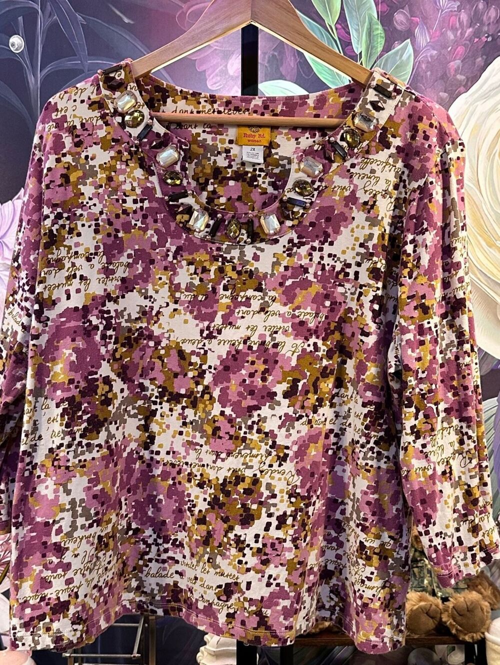 Ruby Rd. 2X Embellished Beaded Artsy Floral Blouse Cotton Stretch Cotton Top